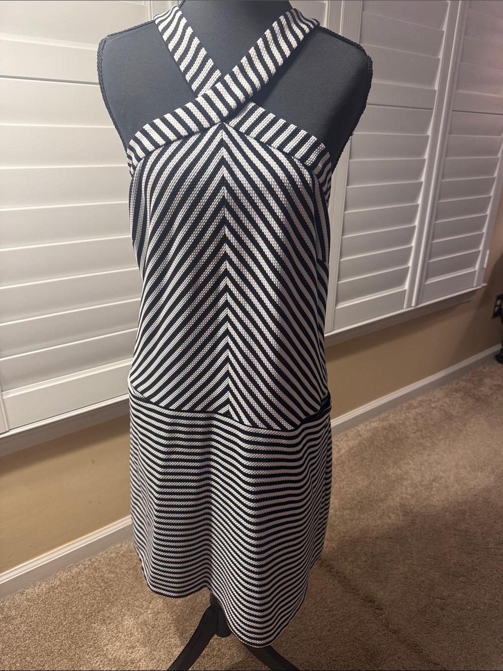 Kaari Blue Black and White Striped Cross-Back Mini Dress